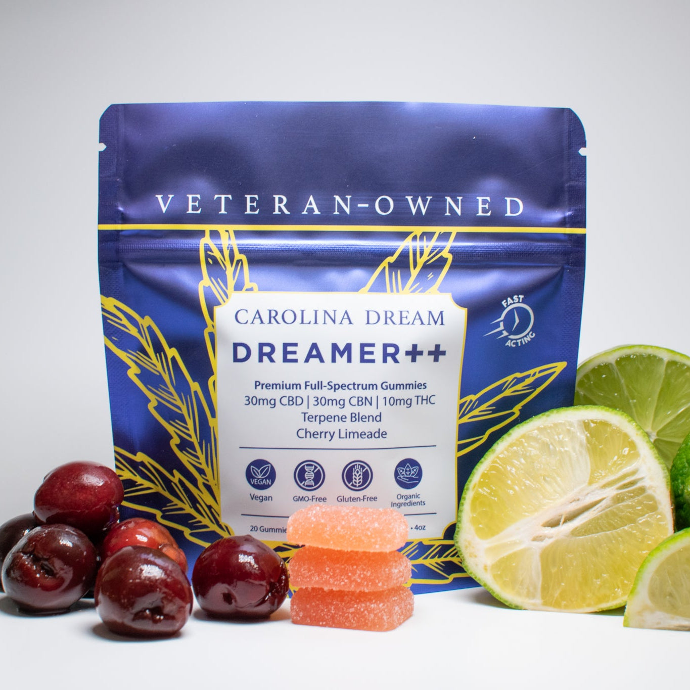 Dreamer++ Fast Acting Nighttime Gummies packaging with cherry limeade and fresh fruits.
