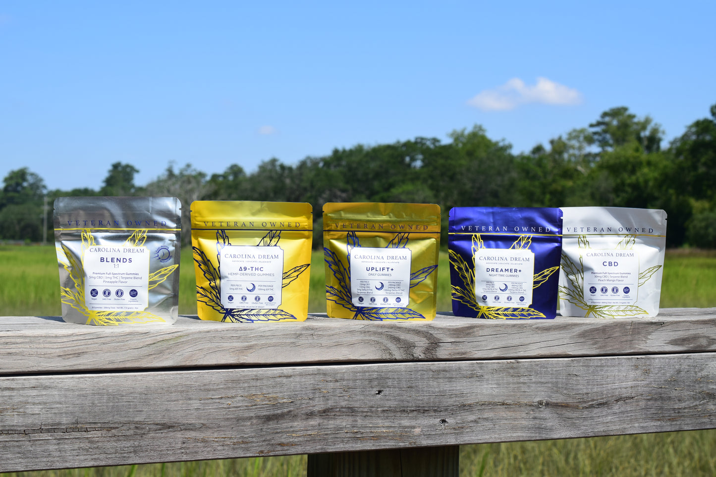 Five packages of Blendit CBD products on a wooden surface with a natural background