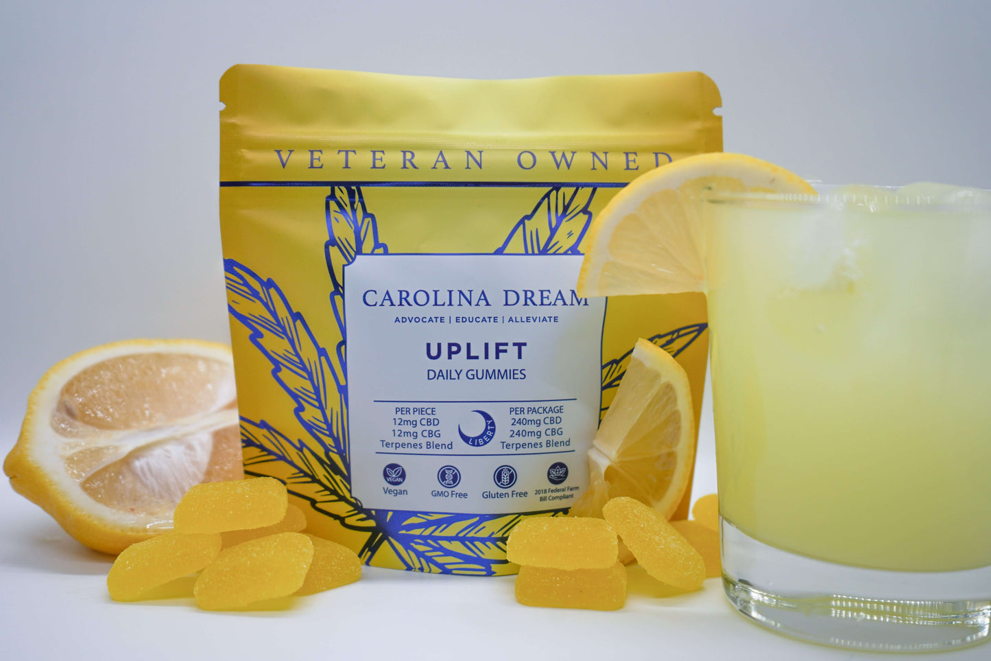 Carolina Dream Uplift Daily Gummies packaging with lemon slices and a refreshing drink.
