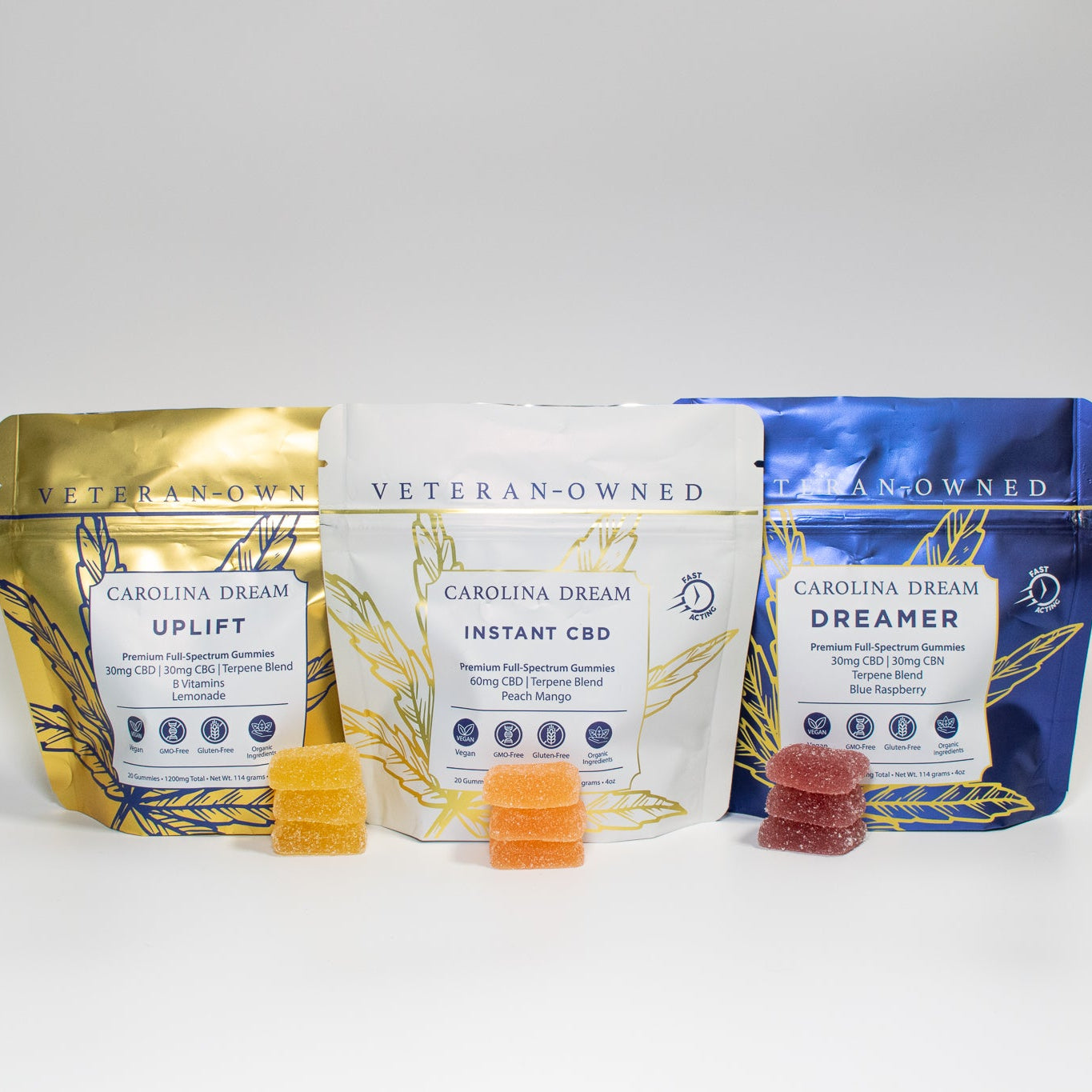 Three packages of Carolina Dream CBD products on a white background