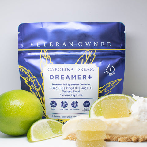 Carolina Dream Dreamer+ CBD gummies packaging with a slice of key lime pie and a lime on a white background.
