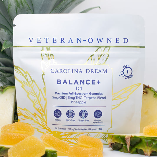 Balance 1:1 THC CBD Gummies from Carolina Dream, featuring pineapple flavor and veterans-owned branding.