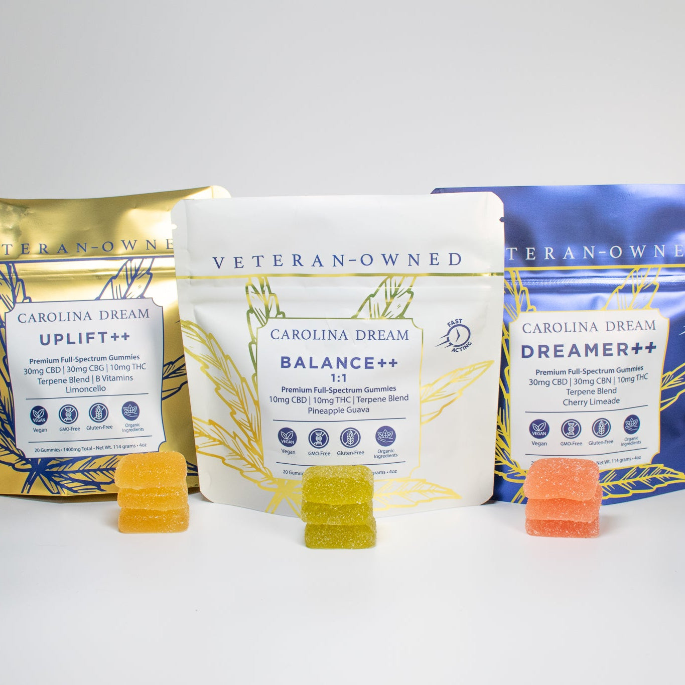 Three packages labeled 'Carolina Dream' with 'Veteran-Owned' branding on a white background.