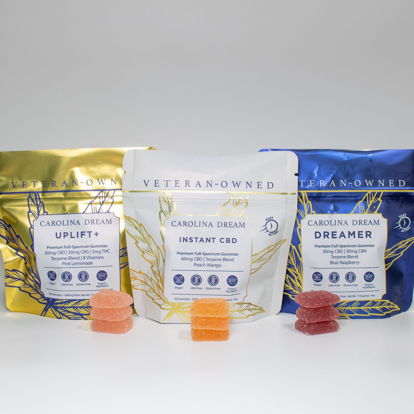 Carolina Dream CBD products including gummies and packaging on a white background
