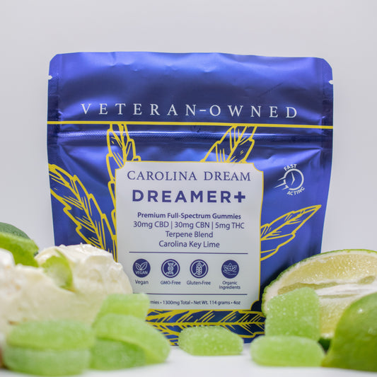 Dreamer+ Fast Acting Nighttime Gummies packaging showcasing premium full-spectrum gummies with Carolina Key Lime flavor.