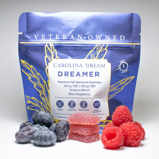 Carolina Dream Dreamer gummies packaging with blueberries and raspberries on a white background