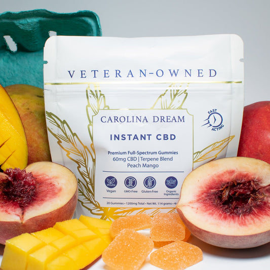 Instant CBD 60mg Fast-Acting CBD Gummies with peach mango flavor and fruit, featuring 30mg CBD Gummies.