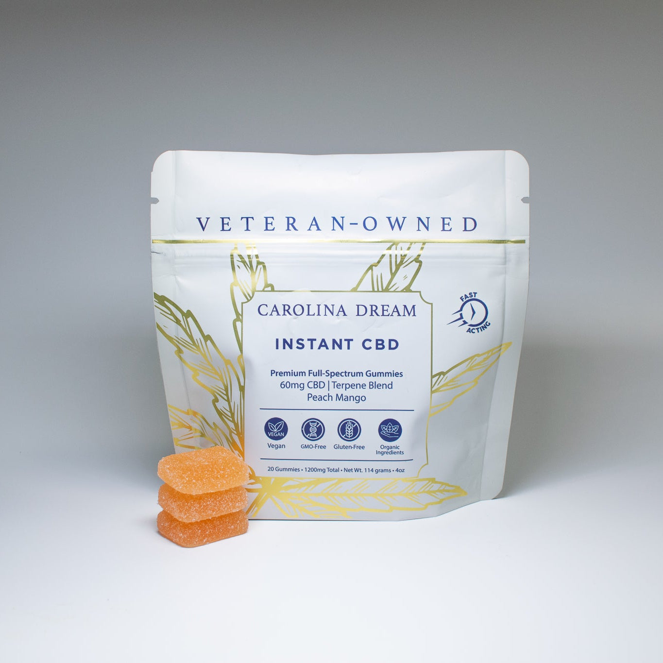 Carolina Dream Instant CBD package with gummies on a gray background