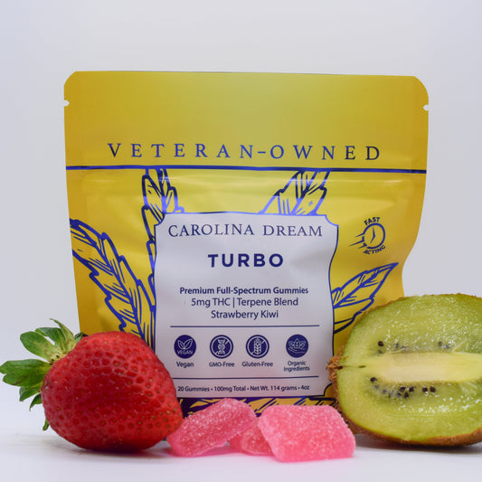 Yellow package labeled 'Carolina Dream Turbo' with a strawberry, kiwi, and gummies on a white background.