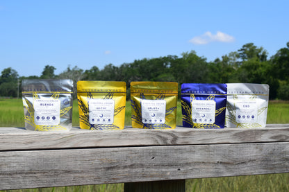 Five packages of Blendit CBD products on a wooden surface with a natural background