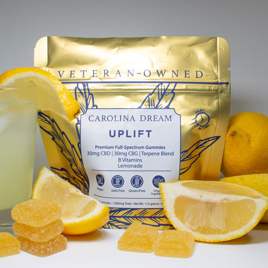 Carolina Dream Uplift gummies with a glass of lemonade and lemons on a white background