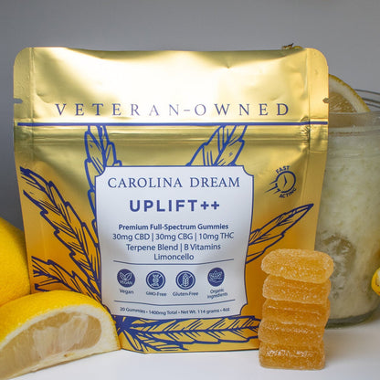 Gold package labeled 'Carolina Dream Uplift++' with lemons and a jar on a gray background